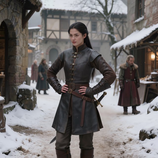 An eighteen-year-old woman. She has long straight black hair tied up, brown eyes, and dark skin. She is wearing a dark leather tunic, grey leather pants, and leather boots. She has a sheathed dagger on her hip, standing with her hands on her hips and looking at the viewer. She is standing in a snowy medieval city. — Model 9
