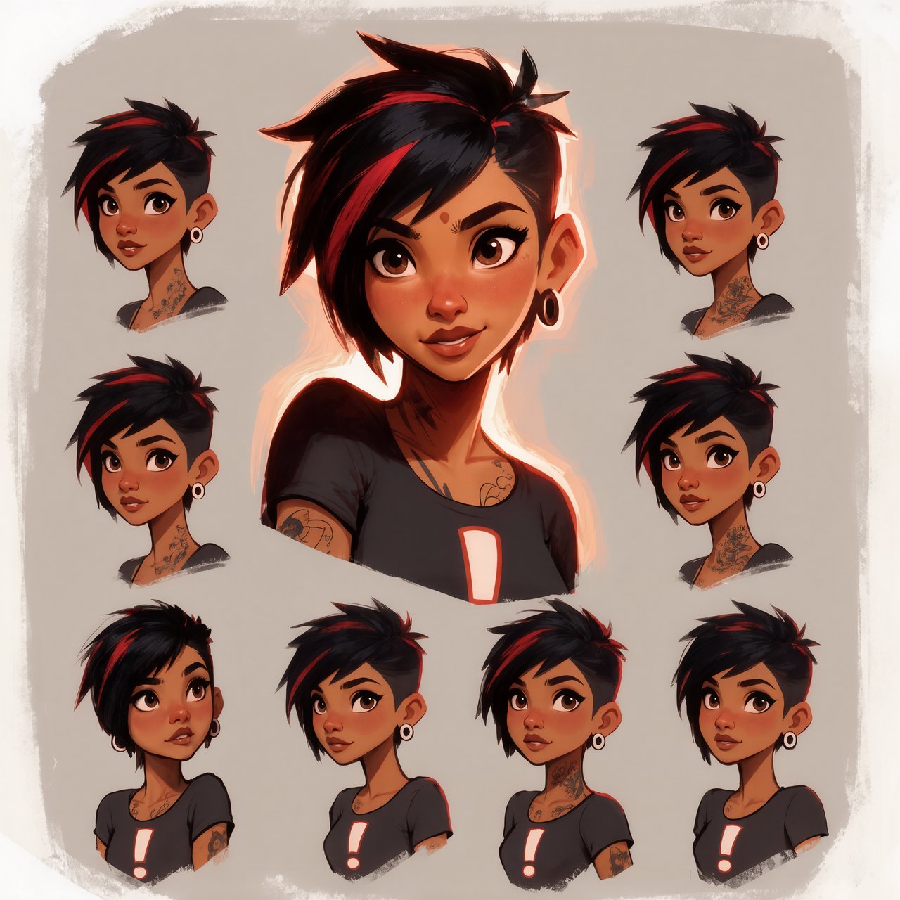 Character exploration sheet of the same 25-year-old Indian woman in several bust and waist-up studies, varied expressions and three-quarter views, one larger central portrait. Warm brown skin, black pixie haircut with red streaks, tattoos, tight T-shirt bearing an exclamation mark (!). Plain warm light-gray background, irregular painted edges. Stylized semi-realistic digital painting with animation-inspired proportions, large expressive eyes, strong brows, simplified anatomy and convincing volume. Minimal linework, soft blended facial shading, broad angular brushstrokes on clothing. Luminous warm brown skin with terracotta undertones, subtle blush, restrained highlights. Hair painted in sculpted masses with broad highlights and fine flyaways. Muted charcoal and earthy neutrals, soft directional studio lighting, detailed eyes and lips, loose edges and unfinished brushwork. — Kling v3 Omni