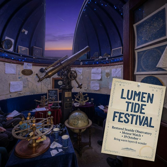At a restored seaside observatory, a twilight meteor-watching event fills the domed hall with brass instruments, star charts, and velvet benches; "LUMEN TIDE FESTIVAL" is hand-printed in deep blue ink across a cream paper announcement beside the entrance. — Grok Imagine Image Quality