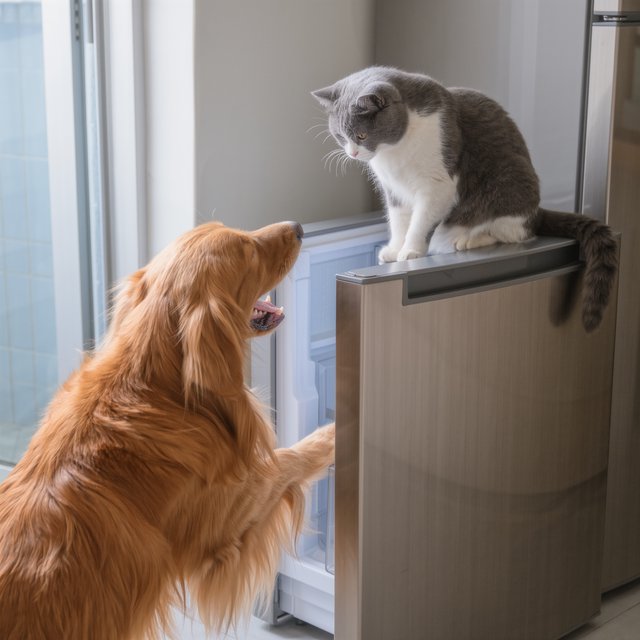A cat sits on the top of a refrigerator calmly looking down at a barking dog. The dog is on his hind legs leaning on the fridge barking at the cat. — Kling v3 Omni
