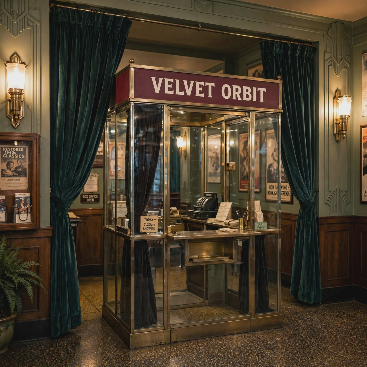 In a restored neighborhood cinema, brass sconces illuminate velvet curtains and a glass ticket booth; "VELVET ORBIT" is painted in ivory block letters across the booth’s burgundy fascia. — Muse Image 1.0
