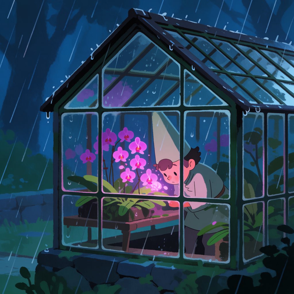 Rain beads on a rooftop greenhouse as an adult botanist studies luminous night-blooming orchids beneath glass panes; cel-shaded anime illustration in digital paint, palette of jade, magenta, indigo, and warm amber. — Krea 2 Medium