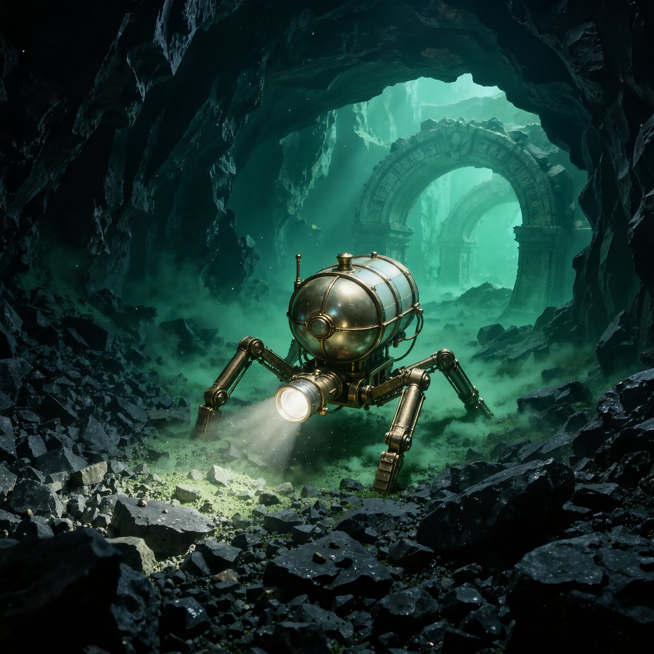 A brass-and-ceramic deep-sea crawler with arched pressure tanks trundles across the floor of a sunken obsidian caldera. Its searchlight cuts through green silt, revealing ruined stone arches far below the surface. — Kling v3 Omni