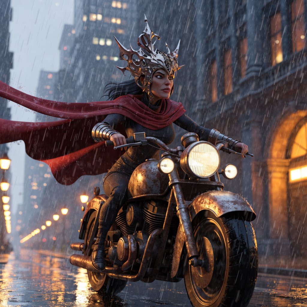 A modeled 3D character design featuring exaggerated, caricatured proportions and a striking silhouette—combined with subtle, nuanced skin shading and warm, cinematic rim lighting—creates an elegant aesthetic reminiscent of modern animated films. The result is a polished, stylized rendering characterized by rich color depth, expressive caricatured facial features, painterly texture details, and a dramatic, theatrical atmosphere typical of contemporary animation. An adult female superhero with a flowing cape on a moving motorcycle. Dieselpunk style. — Recraft v4