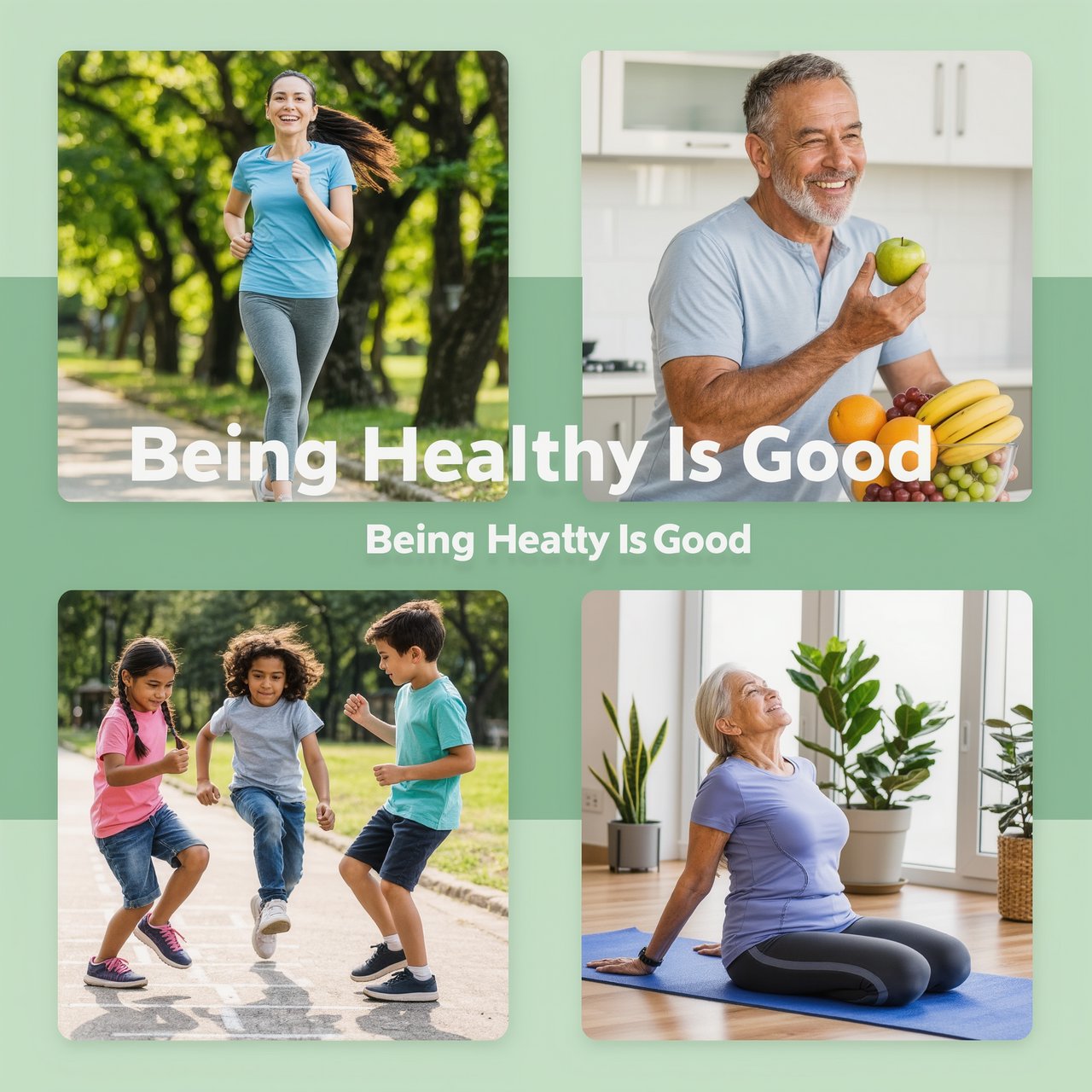 An image relating to good health and happiness. The words “Being Healthy Is Good” appear in the background at least a couple of times. 4–7 moments. — Kling v3 Omni