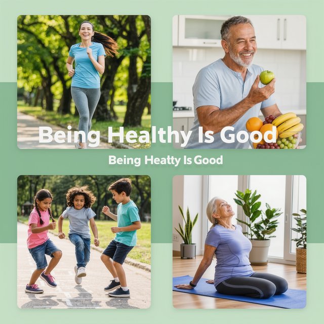 An image relating to good health and happiness. The words “Being Healthy Is Good” appear in the background at least a couple of times. 4–7 moments. — Kling v3 Omni