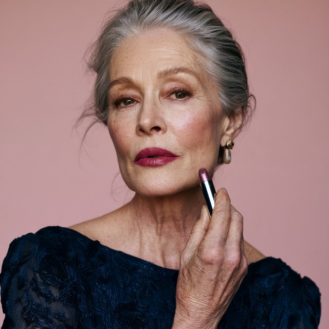 A silver-haired adult woman in a midnight-blue evening gown pauses with lipstick freshly applied, her composed gaze turned slightly aside; diffused rose studio light defines her face and shoulders, with restrained makeup and the polished finish of a fashion magazine. — Model 13