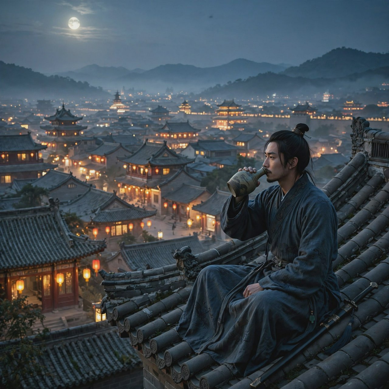 A lone Chinese swordsman sits on a tiled rooftop in ancient China at night, gazing over a lantern-lit city while drinking from a ceramic wine flask, moonlight bathing the quiet scene. — Muse Image 1.0