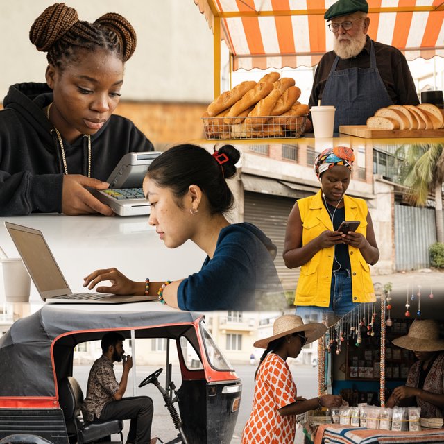 An image about people making a lot of money around the world, shown in 4–6 scenes. Realistic image. — Recraft v4