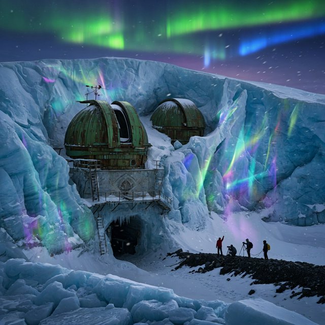 An abandoned observatory carved into a glacier, its bronze domes protruding from blue ice, aurora light filtering through crevasses, tiny adult explorers on a distant ridge emphasizing immense scale, drifting snow and deep polar shadows. — Grok Imagine Image Quality