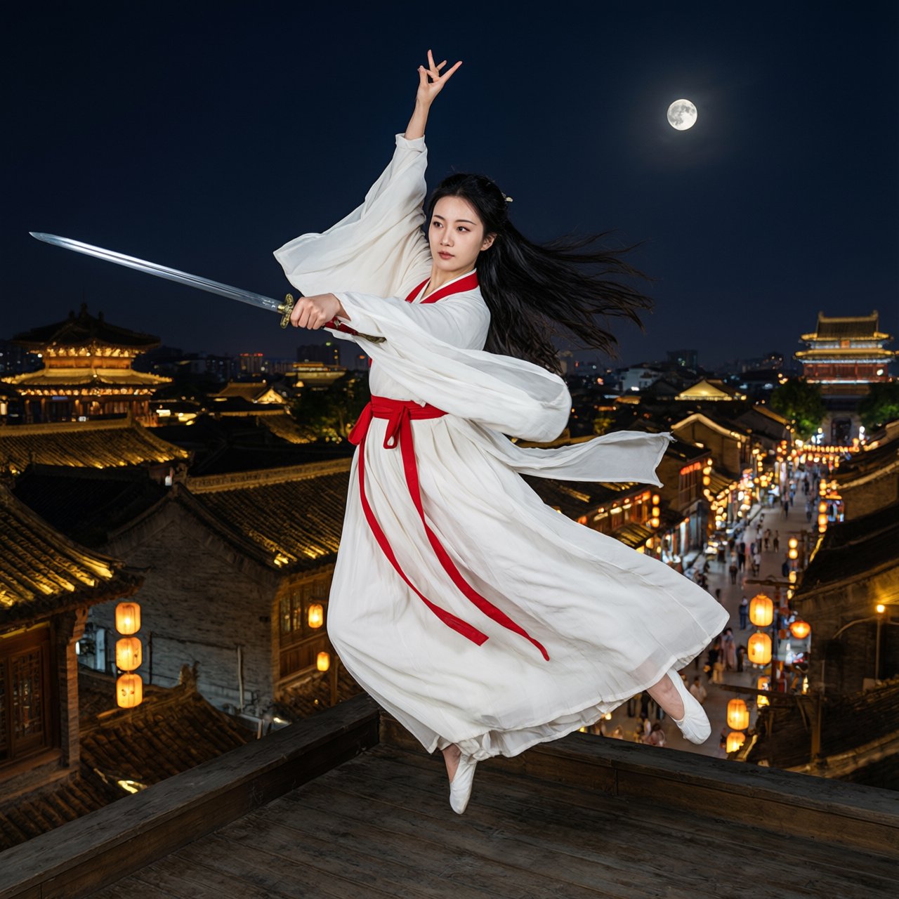 Elegant young adult Chinese female dancer performing a sword dance on a rooftop in ancient China at night, wearing flowing hanfu in primary white with secondary red accents. She leaps high in midair with her body arched backward, sword arm thrust forward, while her other arm rises gracefully above her with the hand forming delicate orchid fingers. Frontal three-quarter view, long black hair and sleeves flowing, expressive elegant pose, lantern-lit ancient city below, glowing rooftops and streets, romantic moonlit atmosphere. — Qwen Image 3.0 Pro