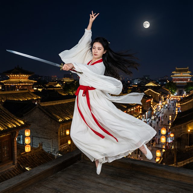 Elegant young adult Chinese female dancer performing a sword dance on a rooftop in ancient China at night, wearing flowing hanfu in primary white with secondary red accents. She leaps high in midair with her body arched backward, sword arm thrust forward, while her other arm rises gracefully above her with the hand forming delicate orchid fingers. Frontal three-quarter view, long black hair and sleeves flowing, expressive elegant pose, lantern-lit ancient city below, glowing rooftops and streets, romantic moonlit atmosphere. — Qwen Image 3.0 Pro
