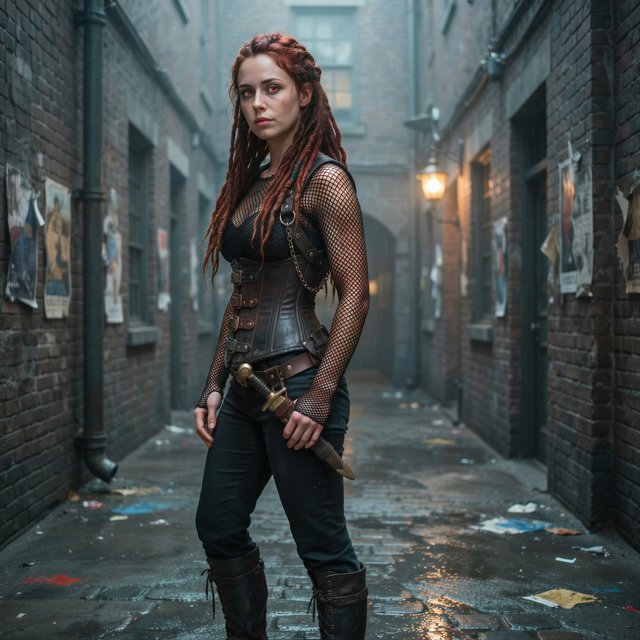 Fishnet grimdark fantasy. A suitable-for-TV-PG adult underworld agent with long crimson-red dreadlocked hair with flowing locks, ruby-red crystalline eyes, real skin pores, photographic rendering, and real material textures. No text. — Ideogram v4