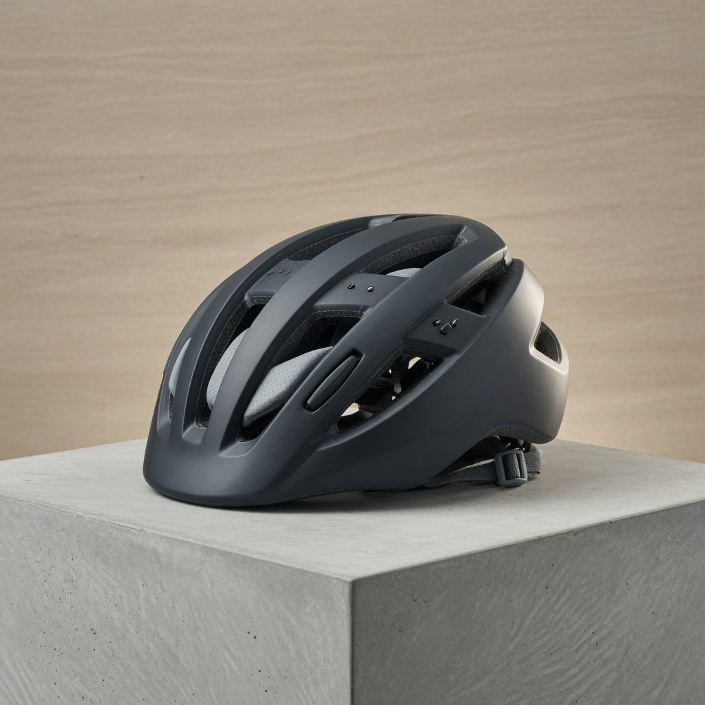Commercial product photograph of an unbranded folding bicycle helmet made from matte charcoal polymer with soft gray padding, resting on a honed concrete plinth against a muted sand background, illuminated by a broad overhead softbox and gentle rim light. — Grok Imagine Image Quality