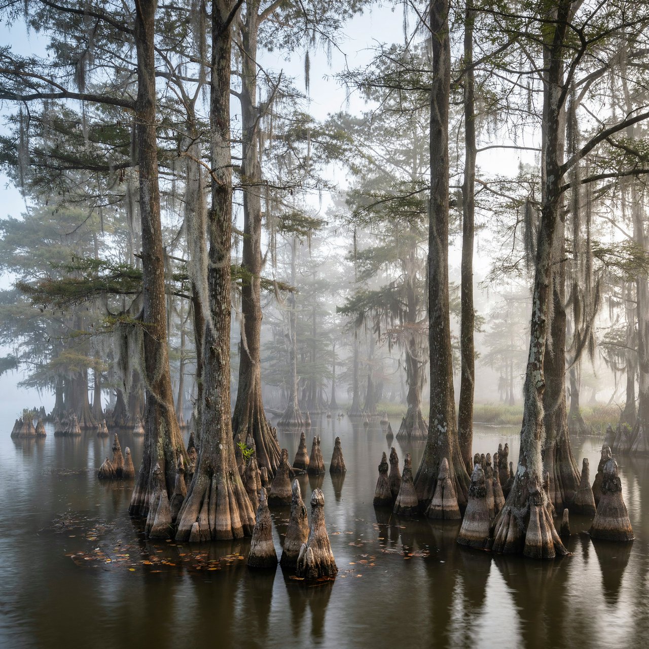 A cypress swamp at foggy sunrise after overnight drizzle, dark tea-colored water threading between moss-draped trunks; slick root knees and floating leaves lead toward pale trees disappearing into layered mist. — Ideogram v4.5