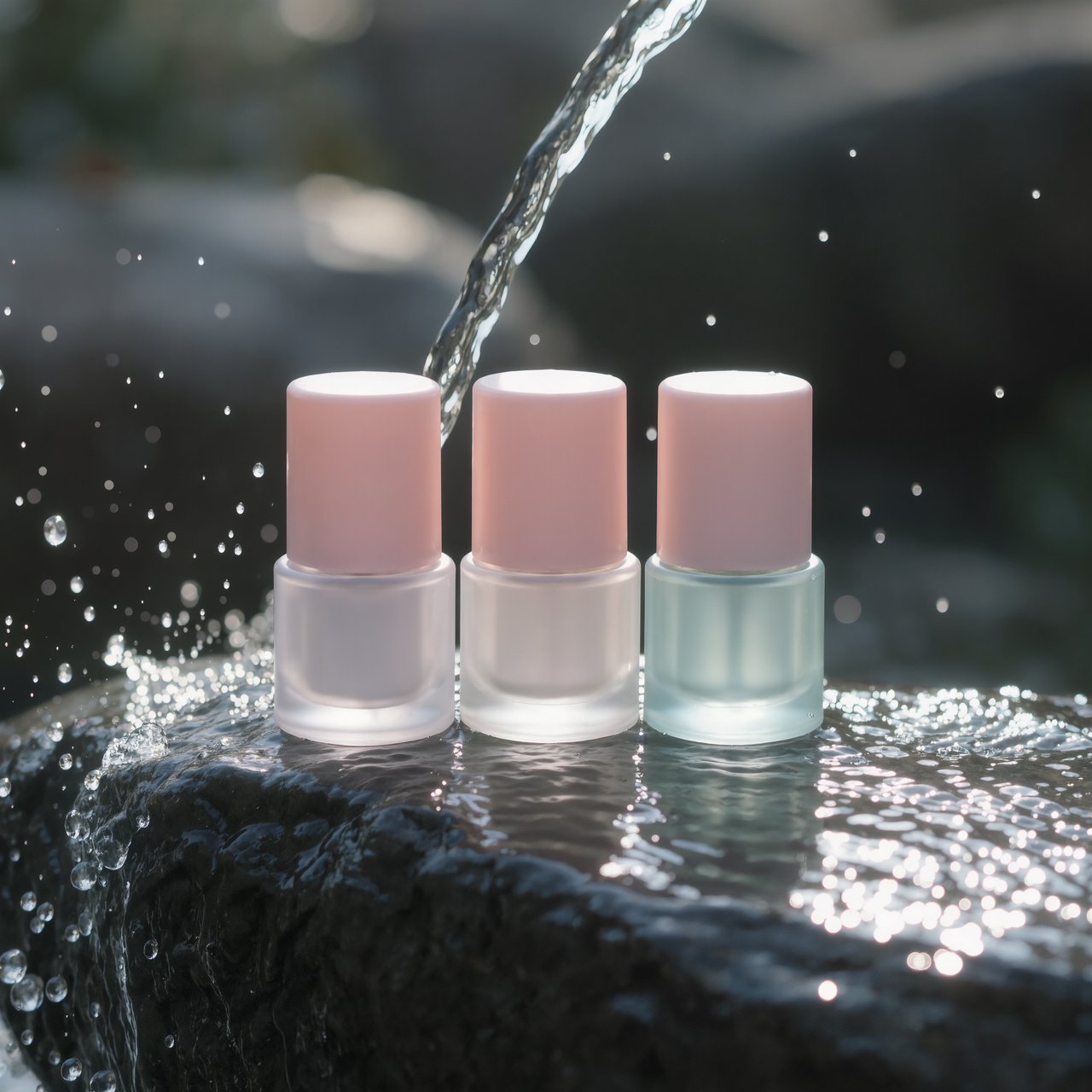 Three frosted glass skincare bottles on a wet stone surface with a splash of water, morning light, shallow depth of field. — Kling v3 Omni