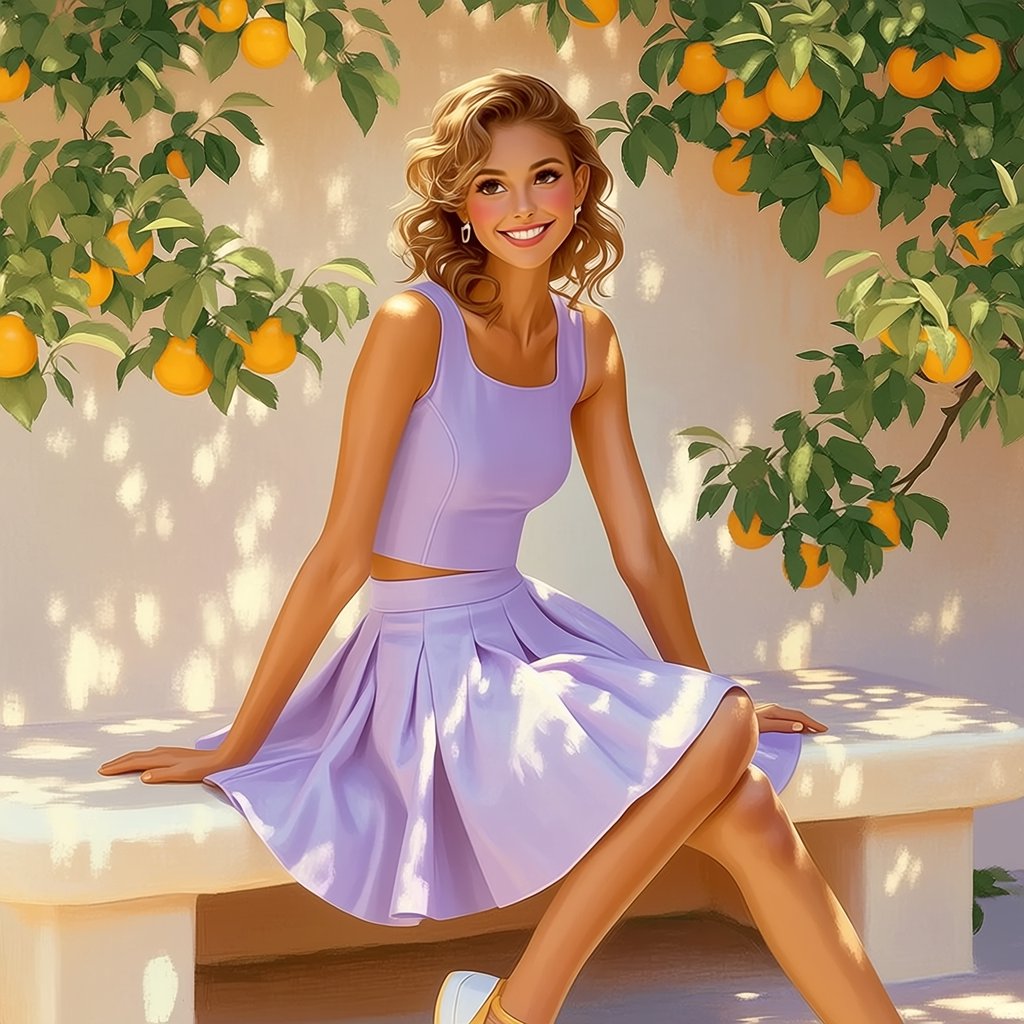 Editorial glamour photograph of one adult woman in a tailored lilac fitness set, seated naturally on a sun-warmed stone bench in a quiet citrus courtyard, flattering dappled light, loose curls, thoughtful smile, crisp leaves and pale stucco. — Midjourney Niji 7