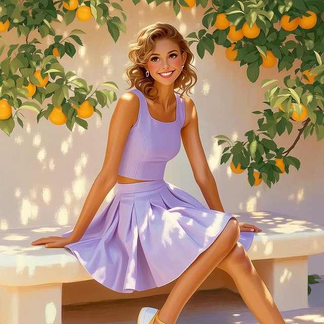 Editorial glamour photograph of one adult woman in a tailored lilac fitness set, seated naturally on a sun-warmed stone bench in a quiet citrus courtyard, flattering dappled light, loose curls, thoughtful smile, crisp leaves and pale stucco. — Midjourney Niji 7
