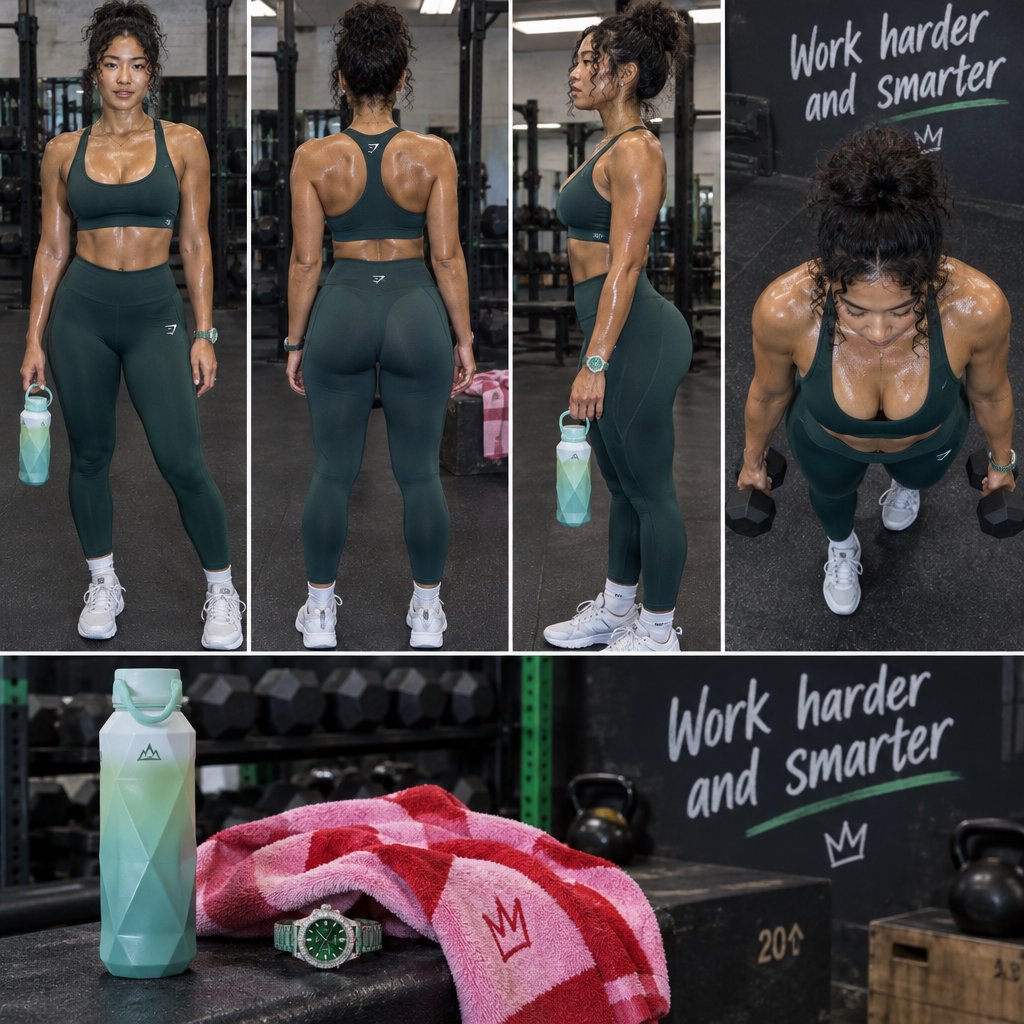 A pretty adult mixed-race woman of Korean and Black heritage, wearing fitted gym wear. Scene: a heavy workout with sweat. POV: full front, back, side, and aerial views. Near her are a unique-looking water bottle, a diamond green watch, a pink and red towel, and text in the background that says “Work harder and smarter”. — GPT Image 2.5 Flare