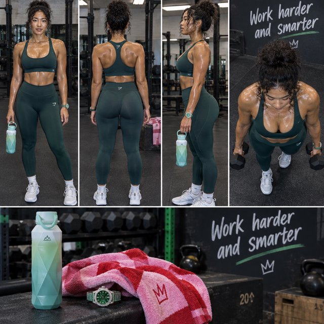 A pretty adult mixed-race woman of Korean and Black heritage, wearing fitted gym wear. Scene: a heavy workout with sweat. POV: full front, back, side, and aerial views. Near her are a unique-looking water bottle, a diamond green watch, a pink and red towel, and text in the background that says “Work harder and smarter”. — Model 3