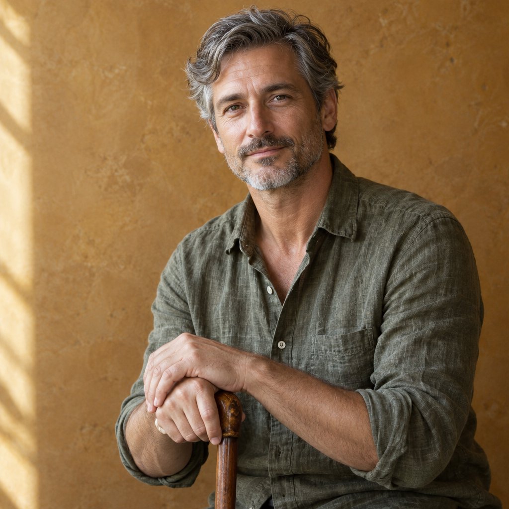 Portrait photograph of an adult man in his 40s with silver-streaked hair, wearing a textured olive linen shirt and rolled sleeves, hands resting on a wooden cane, relaxed expression, ochre plaster backdrop, soft window light from the side. — GPT Image 2.5 Flare