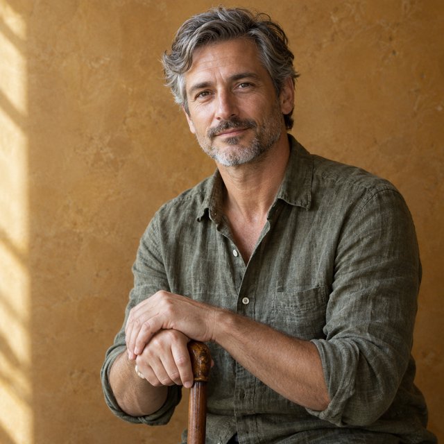 Portrait photograph of an adult man in his 40s with silver-streaked hair, wearing a textured olive linen shirt and rolled sleeves, hands resting on a wooden cane, relaxed expression, ochre plaster backdrop, soft window light from the side. — GPT Image 2.5 Flare