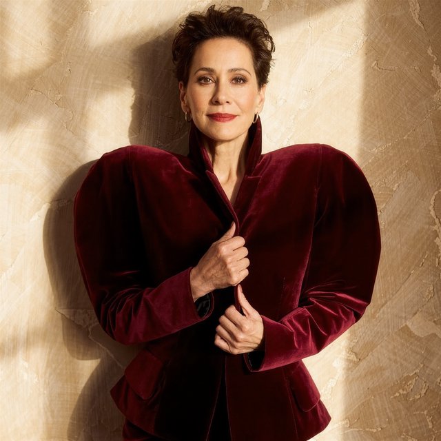 Fashion portrait of an adult woman in her early 50s wearing a sculptural burgundy velvet jacket, her hands lightly gathering its lapel. A wry, composed expression meets the camera against a warm ivory plaster backdrop, lit by soft late-afternoon window glow. — Kling v3 Omni