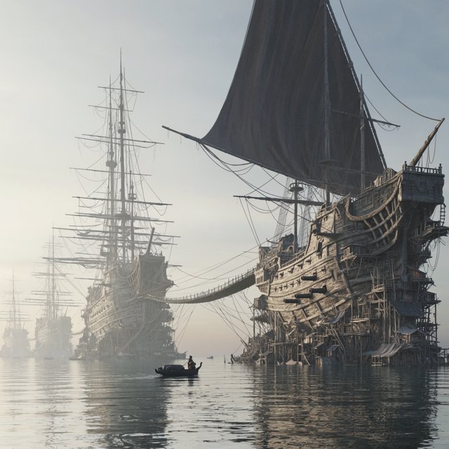 A floating market city built on the hulls of giant upturned ships, rope bridges, morning haze, wide establishing shot. — Krea 2 Large