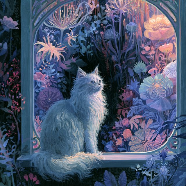 A whimsical cat with fur like spun moonlight sits on a windowsill overlooking a dreamlike garden. The garden is filled with oversized, fantastical flowers rendered in a soft, painterly style, with elements of Art Nouveau curves in the plant designs. The overall mood is serene and enchanting. — Model 13