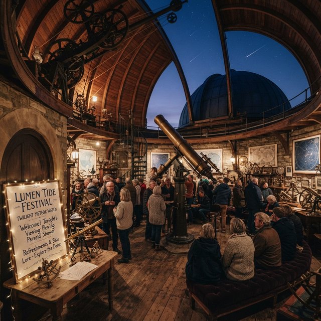 At a restored seaside observatory, a twilight meteor-watching event fills the domed hall with brass instruments, star charts, and velvet benches; "LUMEN TIDE FESTIVAL" is hand-printed in deep blue ink across a cream paper announcement beside the entrance. — Nano Banana 2 Lite