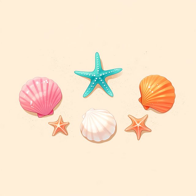 Exactly five seashells lie on pale sand: two pink shells on the left, one white shell in the center, and two orange shells on the right. A turquoise starfish sits above the center shell, nothing else. — Midjourney Niji 7