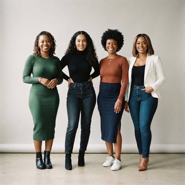 Realistic image of four women standing near each other. All are wearing fitted outfits. All are slim but still curvy Black women. Each woman has a unique, pretty face, and they all look different from one another. Full-body image. Plain background. — Model 14