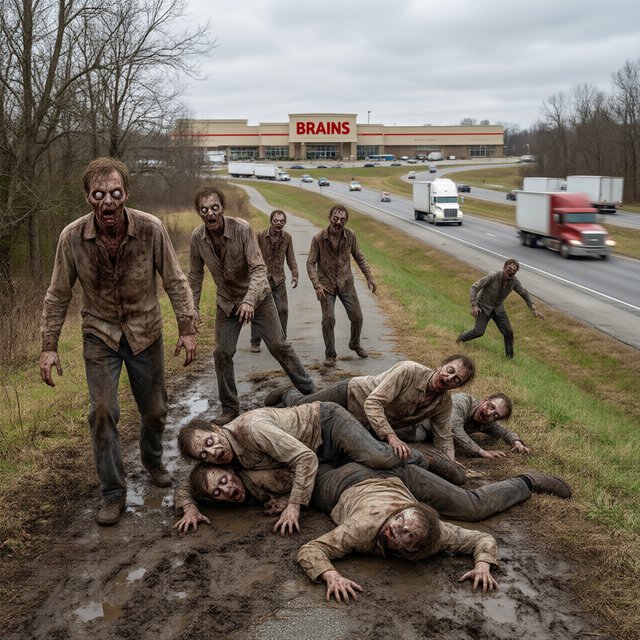 Several weird-looking zombies, some cross-eyed and some wide-eyed, are heading towards a superstore far ahead named "Brains". The superstore is located beside a highway with some trucks driving along it. The zombies are on a rural road connecting to the highway. There are patches of mud in one place on the rural road. The zombies are slipping on the mud and falling—some on their faces, some on their backs, and some on top of other zombies. A couple of fallen zombies are crawling up to the highway, where speeding trucks are passing by. Make it dramatic but funny. — Model 16