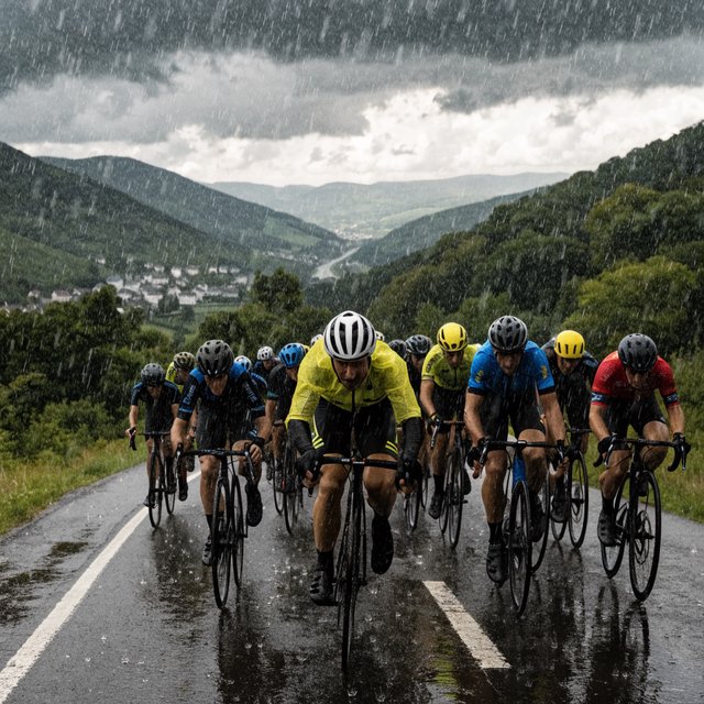 A frontal, close-up shot of a field of competitive cyclists ascending a mountain in the rain. In the background, we see a lush green valley with a small town. — Recraft v4