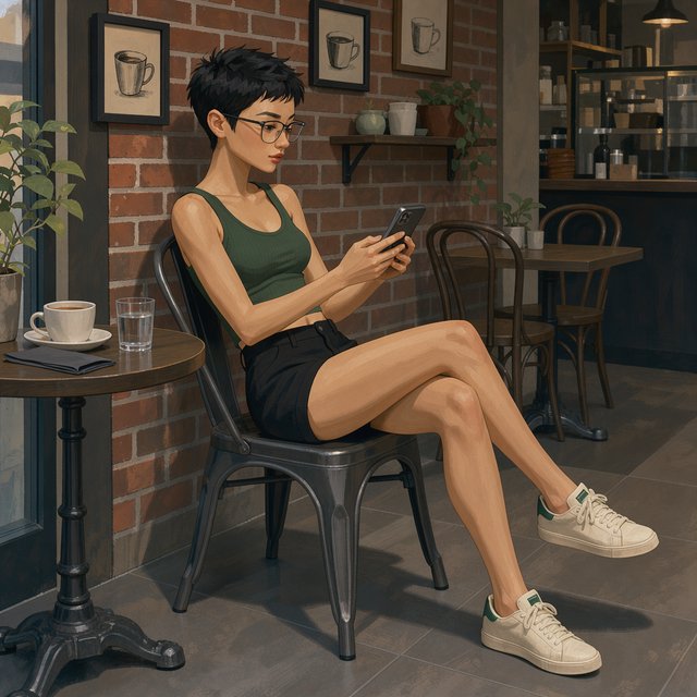 SUBJECT: Side view of a young woman seated at a cafe table, beautiful legs crossed, reading her phone. CHARACTER: 25-year-old woman with an extremely short black pixie cut, all hair under one inch. Stylish glasses, tight dark green ribbed tank top, bare midriff, shorts, comfortable shoes. SETTING: Trendy urban cafe, red brick walls decorated with framed sketches of coffee mugs. STYLE: Stylized semi-realistic digital painting, animation-inspired characters and environments. Expressive faces, large eyes, strong brows, simplified anatomy, convincing 3D volume and depth. Painterly shape-based rendering, minimal outlines, soft blended shading, broad angular brushstrokes. Luminous colors, warm undertones, restrained highlights. Hair and textures rendered in sculpted masses with selective fine detail. Muted charcoal and earthy palette, soft directional light, cohesive shadows, atmospheric depth. Detailed eyes and lips, simplified backgrounds, loose edges, unfinished brushwork. — Model 1