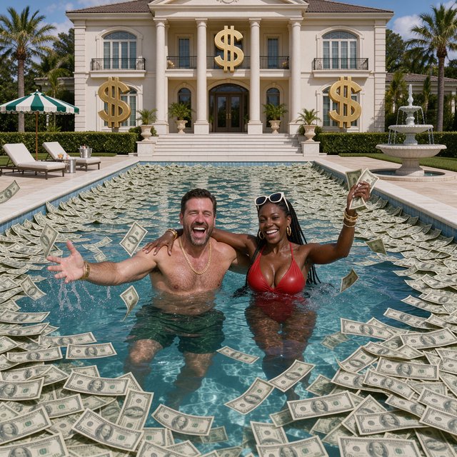 A wealthy adult couple swimming in a huge pool full of money, near a huge mansion with dollar signs on it, with a fun, happy vibe. — FLUX 3 Image