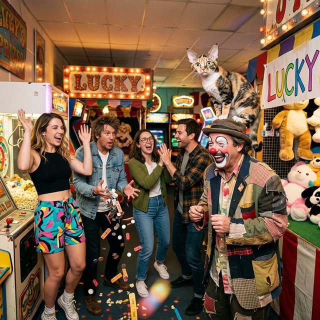 Realistic. Four to five adults having a very lucky day. One of the people is a clown with a very strange cat on their head. Another is wearing a black crop top and multicolored shorts. The word “Lucky” is seen at least twice in the background. — Nano Banana 2.1