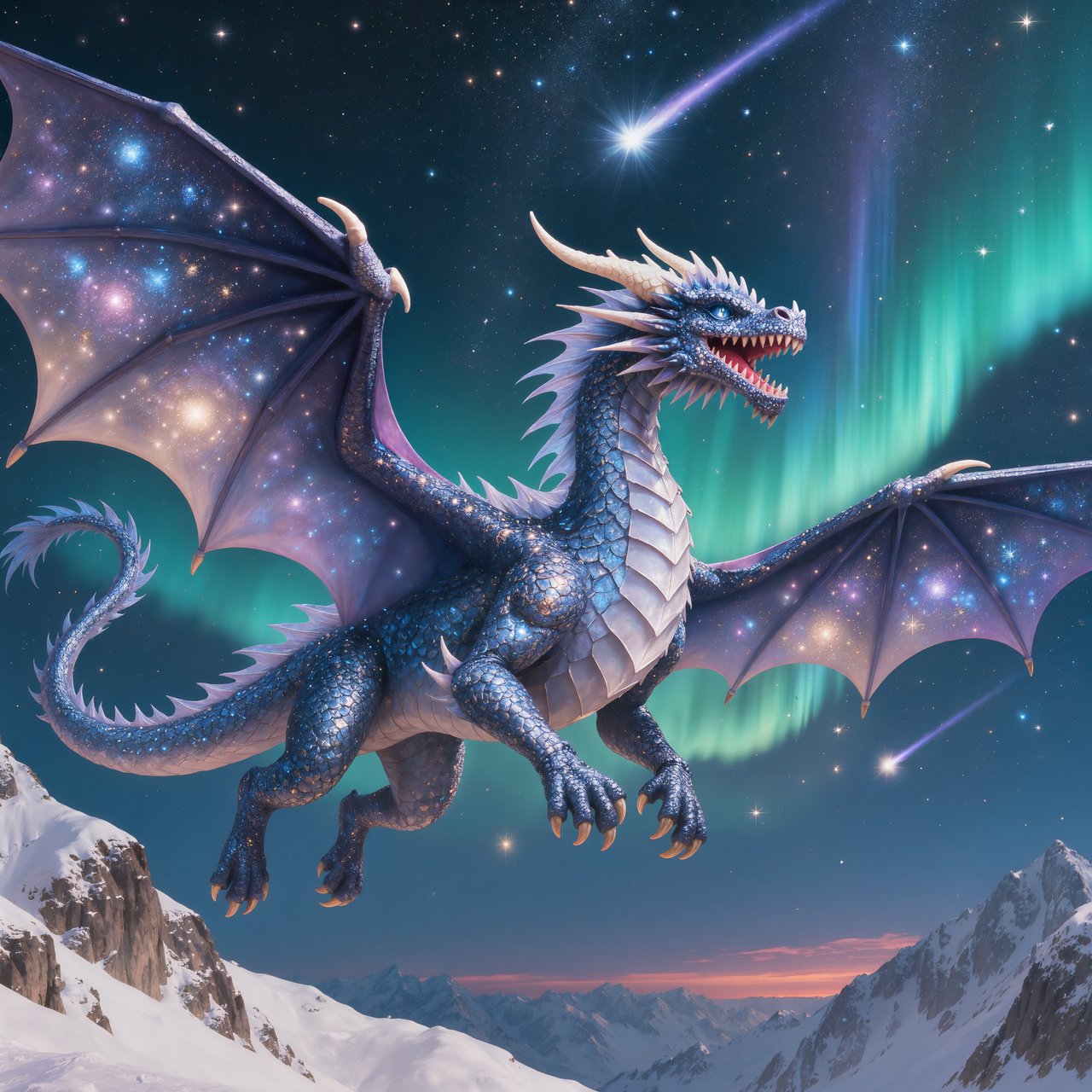 A majestic dragon made of pure starlight and frozen cosmic dust, soaring through a celestial winter landscape. Its scales shimmer with the light of a thousand galaxies, and its breath is a trail of icy comets. The background features swirling aurora borealis over a frozen, mountainous terrain. The style is a blend of painterly fantasy art and surrealism. — Kling v3 Omni