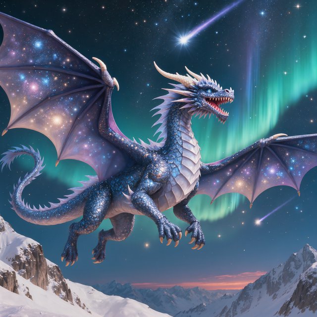 A majestic dragon made of pure starlight and frozen cosmic dust, soaring through a celestial winter landscape. Its scales shimmer with the light of a thousand galaxies, and its breath is a trail of icy comets. The background features swirling aurora borealis over a frozen, mountainous terrain. The style is a blend of painterly fantasy art and surrealism. — Kling v3 Omni