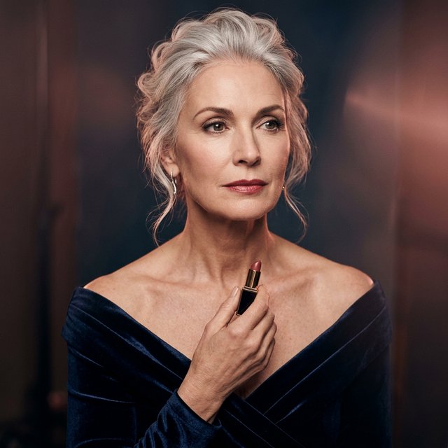 A silver-haired adult woman in a midnight-blue evening gown pauses with lipstick freshly applied, her composed gaze turned slightly aside; diffused rose studio light defines her face and shoulders, with restrained makeup and the polished finish of a fashion magazine. — Model 15