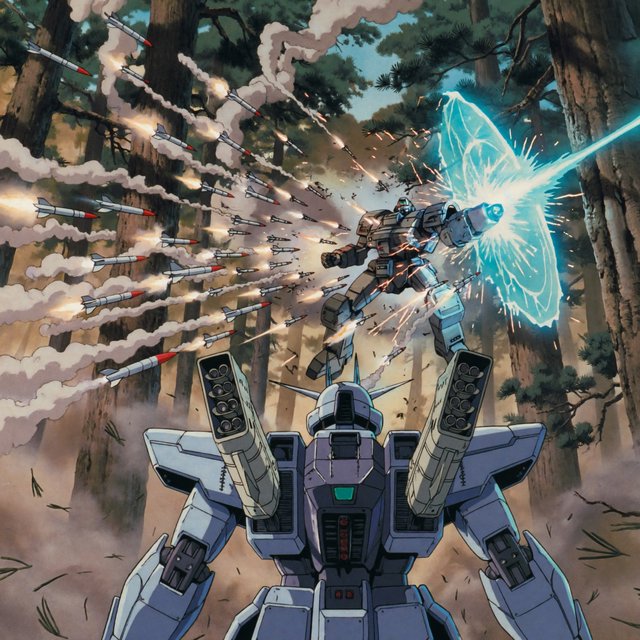 A dramatic cinematic scene of a towering 20-meter futuristic mecha standing in a dense forest, viewed from behind as the main focus. Its design is sleek, angular, and elegant, with a classic retro-futurist Japanese mecha aesthetic. Shoulder missile pods fire a volley of missiles toward an enemy mecha of a different but similarly styled design. The enemy mecha hovers in the air ahead, blocking the incoming missiles with a large arm-mounted energy shield. Dynamic action, smoke trails, forest scale, and intense battle atmosphere. — ImagineArt 2
