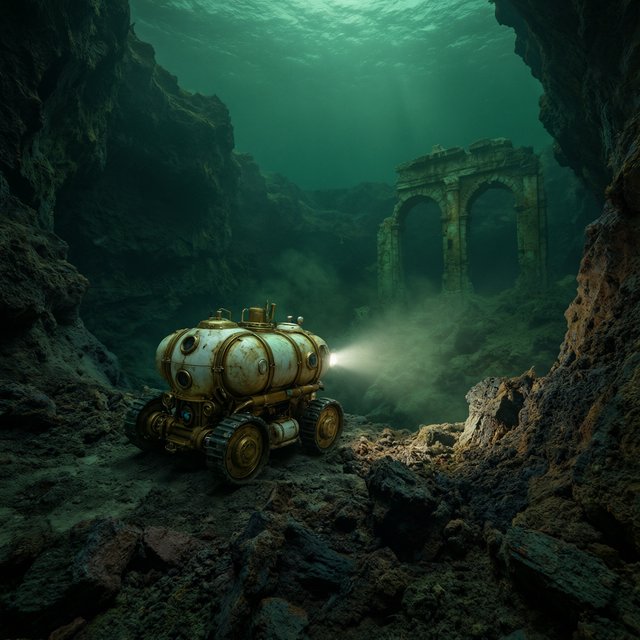 A brass-and-ceramic deep-sea crawler with arched pressure tanks trundles across the floor of a sunken obsidian caldera. Its searchlight cuts through green silt, revealing ruined stone arches far below the surface. — Qwen Image 3.0 Pro