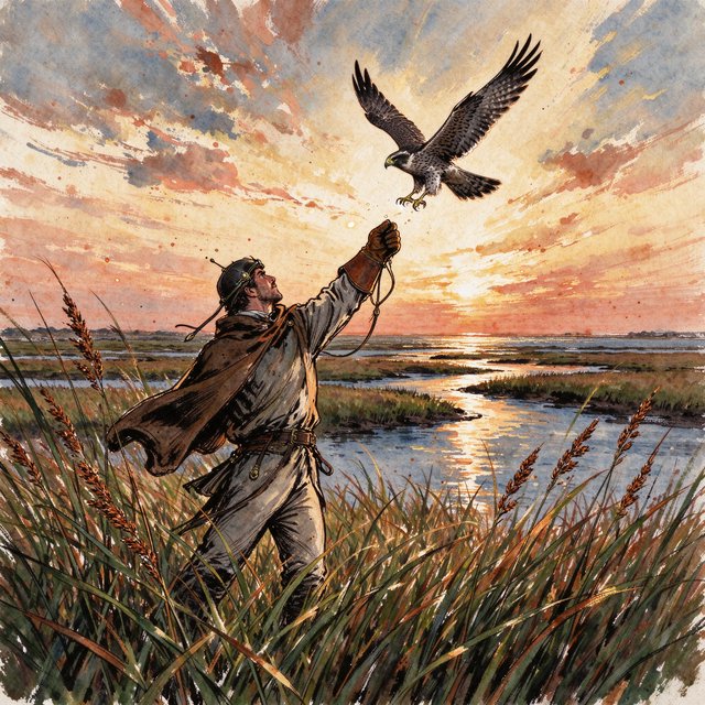 Ink-and-gouache illustration of an adult falconer releasing a hawk above a salt marsh, reeds bending in the wind and tidal pools catching sunset. Palette of rust, moss green, pale gold, and slate blue, with lively brushwork. — Seedream 5.0 Flash