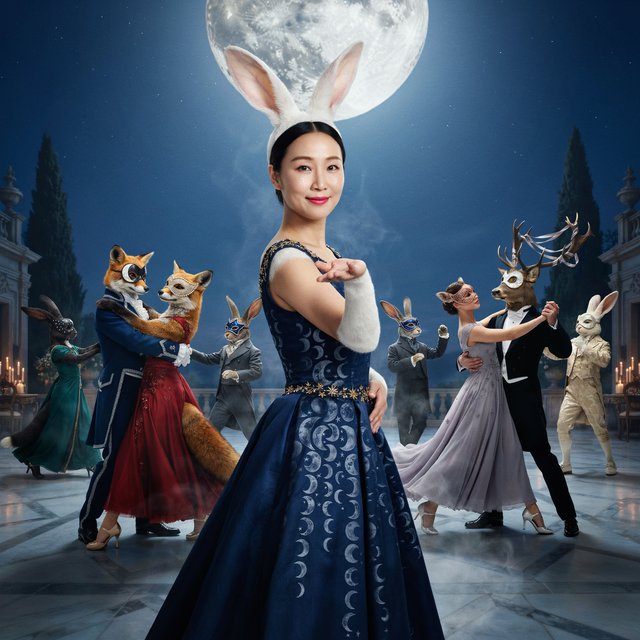 Create the most glamorous and mysterious midnight masked-ball scene, where various alluring anthropomorphic animals, such as foxes, deer, and rabbits, pose and dance under the moon. They wear moon-themed masks. In the middle foreground stands the most exquisite, alluring human-rabbit hybrid, with long white rabbit ears, a pulchritudinous East Asian face, an hourglass figure, rabbit-fur features, and human skin blended aesthetically. She wears the most exquisite silk dress with moon patterns and cross-star embroidery. She poses in a beckoning gesture, inviting the viewer to be her dance partner at the masquerade. No speech. — Ideogram v4.5