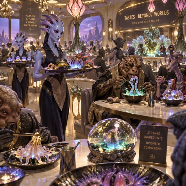 An alien restaurant on a strange planet. The interior is well lit, but the décor is very strange and out of this world. Alien waitresses are bringing in platters of food. Alien diners are eating very unusual dishes. — GPT Image 2.5 Sunburst