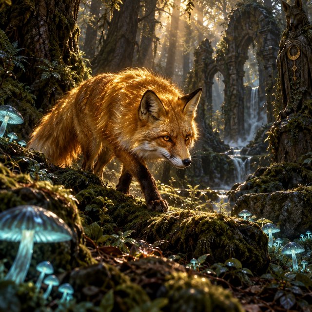 A cunning fox with fur like molten gold cautiously steps through a dense, ancient forest. Shafts of light pierce the canopy, illuminating dust motes dancing in the air. Strange, glowing mushrooms cast an otherworldly light on the moss-covered ground. The style is a blend of dark fantasy illustration and hyperrealism, with a focus on dramatic, cinematic lighting. — GPT Image 2.5 Sunburst