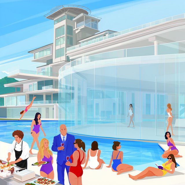 A group of women of all races wearing two-piece swimsuits are having fun near a clear blue pool at a huge house, with food being cooked nearby and everything. Show many full angles. — Krea 2 Large