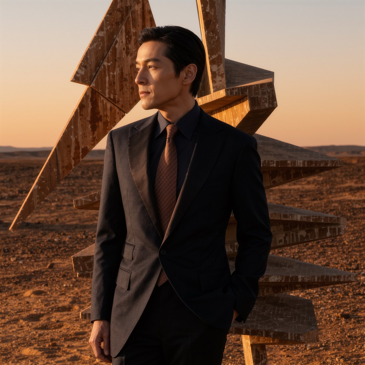 Editorial glamour photograph of an adult man in a charcoal evening suit with a muted copper tie, standing at ease beside a desert art installation, flattering sunset light warming the sculptural landscape, composed expression and refined magazine atmosphere. — Kling v3 Omni