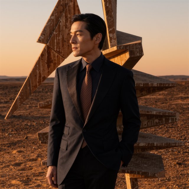Editorial glamour photograph of an adult man in a charcoal evening suit with a muted copper tie, standing at ease beside a desert art installation, flattering sunset light warming the sculptural landscape, composed expression and refined magazine atmosphere. — Kling v3 Omni