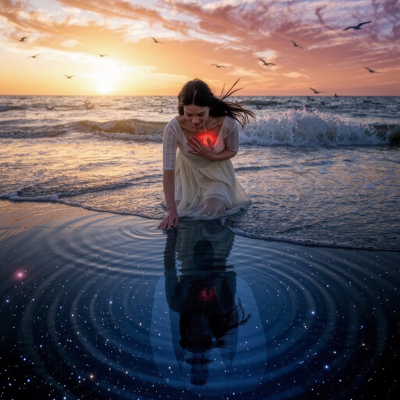 Cinematic, photorealistic artwork of a sorrowful young woman in a flowing ivory lace dress kneels in shallow surf at the waterline during sunset. Her long, windblown dark hair frames her downcast face; a tear flows down her cheek and into the water, one hand presses against her chest, glowing faintly crimson to suggest her still-beating heart, while her other fingertips touch the water. The world behind her remains beautiful: a golden sun shines over restless waves, seabirds cross the sky, and fiery peach clouds fade into star-filled indigo. In the wet sand, her reflection becomes a dark cosmic void. Stars ripple around a fading, ghostlike image of her partner deserting her and dissolving into darkness. The tear forms concentric ripples, disturbing an entire universe. Contrast warm golden life above with cool blue-black devastation below. Natural cinematic lighting, detailed water reflections, realistic anatomy, restrained grief. No text, borders, or collage. — Kling v3 Omni